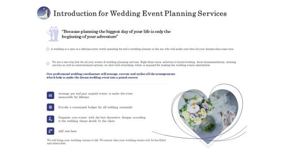 Wedding Affair Management Introduction For Wedding Event Planning Services Slides PDF