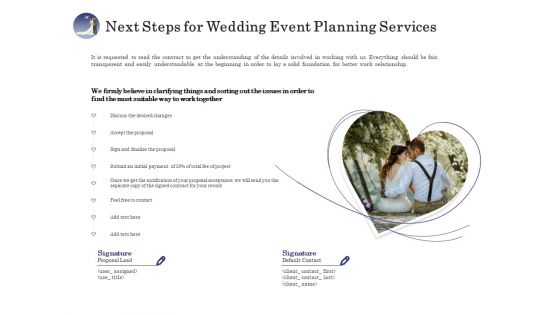 Wedding Affair Management Next Steps For Wedding Event Planning Services Graphics PDF