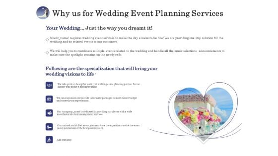 Wedding Affair Management Why Us For Wedding Event Planning Services Icons PDF