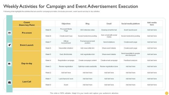 Weekly Activities For Campaign And Event Advertisement Execution Diagrams PDF Weekly Activities For Campaign And Event Advertisement Execution Diagrams PDF