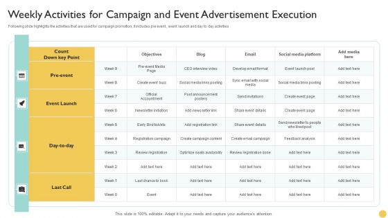 Weekly Activities For Campaign And Event Advertisement Execution Diagrams PDF