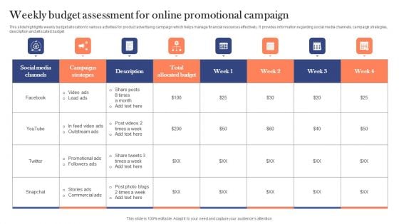 Weekly Budget Assessment For Online Promotional Campaign Template PDF Weekly Budget Assessment For Online Promotional Campaign Template PDF