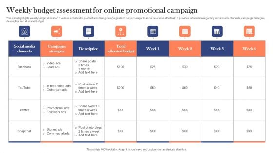 Weekly Budget Assessment For Online Promotional Campaign Template PDF