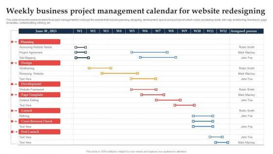 Weekly Business Project Management Calendar For Website Redesigning Ppt Styles Ideas PDF