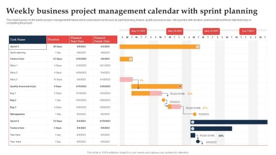 Weekly Business Project Management Calendar With Sprint Planning Ppt Outline Microsoft PDF