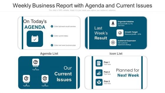 Weekly Business Report With Agenda And Current Issues Ppt Show Clipart Images PDF