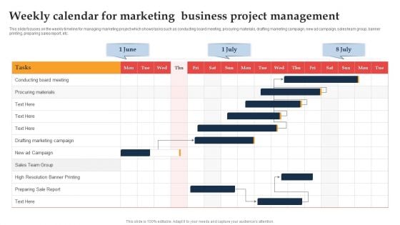 Weekly Calendar For Marketing Business Project Management Ppt Show Portfolio PDF