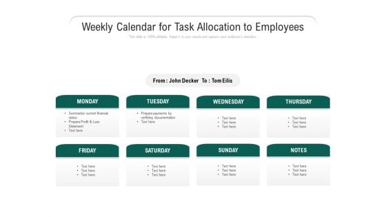 Weekly Calendar For Task Allocation To Employees Ppt PowerPoint Presentation File Infographics PDF