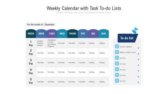 Weekly Calendar With Task To Do Lists Ppt PowerPoint Presentation Gallery Clipart Images PDF