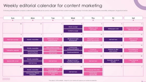 Weekly Editorial Calendar For Content Social Media Content Promotion Playbook Ideas PDF