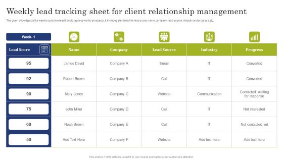 Weekly Lead Tracking Sheet For Client Relationship Management Guidelines PDF