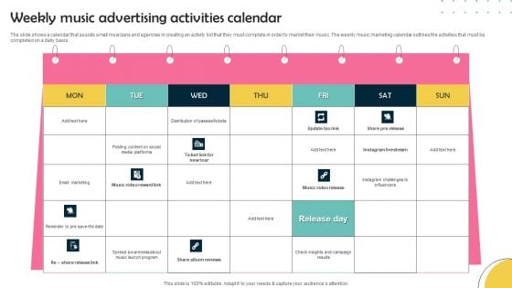 Weekly Music Advertising Activities Calendar Portrait PDF