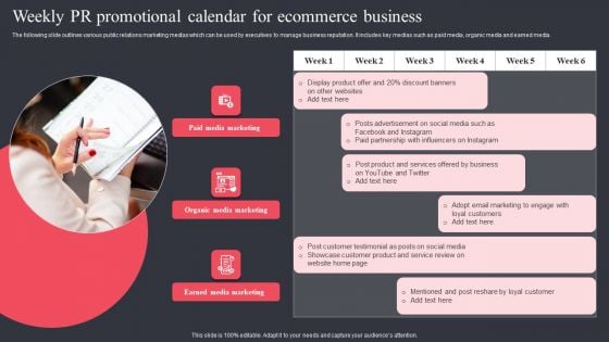 Weekly PR Promotional Calendar For Ecommerce Business Professional PDF