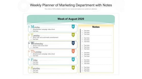 Weekly Planner Of Marketing Department With Notes Ppt PowerPoint Presentation Gallery Example File PDF