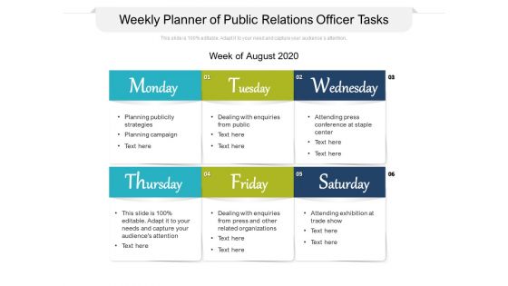 Weekly Planner Of Public Relations Officer Tasks Ppt PowerPoint Presentation Gallery Sample PDF