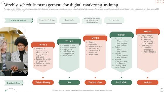 Weekly Schedule Management For Digital Marketing Training Ppt File Maker PDF