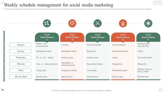 Weekly Schedule Management For Social Media Marketing Ppt Ideas Maker PDF