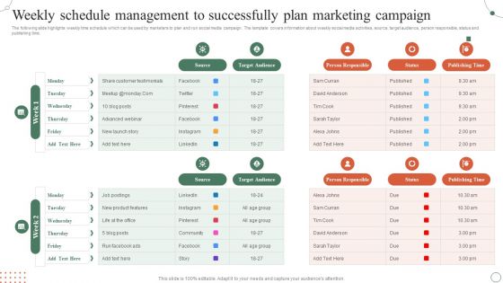 Weekly Schedule Management To Successfully Plan Marketing Campaign Ppt Layouts Shapes PDF