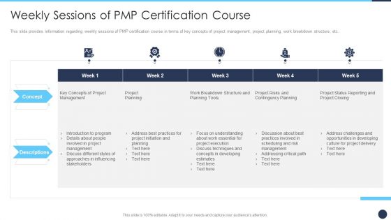 Weekly Sessions Of PMP Certification Course Ppt Inspiration Diagrams PDF