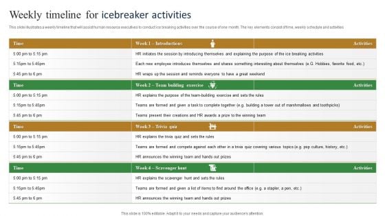 Weekly Timeline For Icebreaker Activities Template PDF