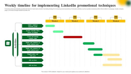 Weekly Timeline For Implementing Linkedin Promotional Techniques Graphics PDF