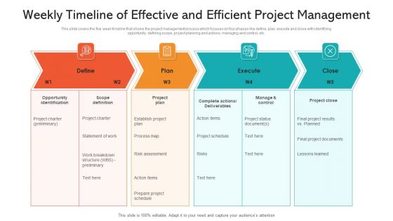 Weekly Timeline Of Effective And Efficient Project Management Ppt PowerPoint Presentation File Show PDF