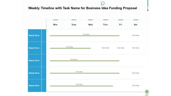 Weekly Timeline With Task Name For Business Idea Funding Proposal Ppt PowerPoint Presentation Portfolio Diagrams