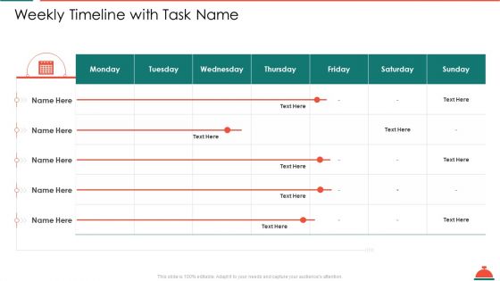 Weekly Timeline With Task Name Increased Superiority For Food Products Ideas PDF
