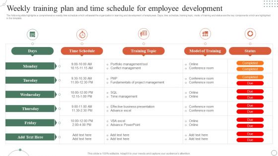 Weekly Training Plan And Time Schedule For Employee Development Ppt Outline Styles PDF