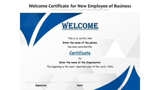 Welcome Certificate For New Employee Of Business Ppt PowerPoint Presentation Inspiration Example File PDF