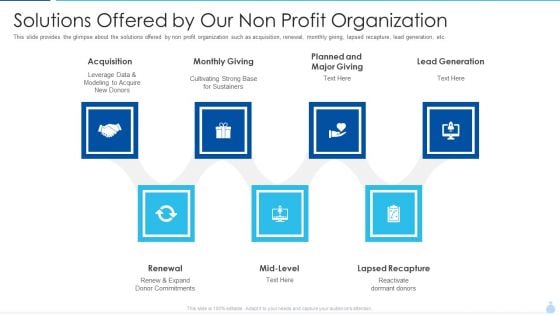 Welfare Investment Deck Solutions Offered By Our Non Profit Organization Ppt Model Layouts PDF