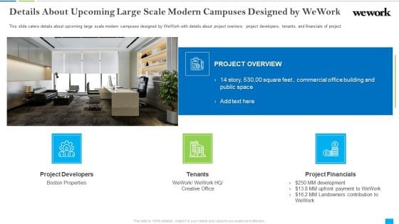 Wework Capital Financing Elevator Details About Upcoming Large Scale Modern Campuses Designed By Wework Sample PDF