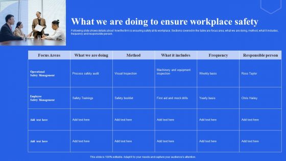 What We Are Doing To Ensure Workplace Safety Ppt Pictures Infographics PDF What We Are Doing To Ensure Workplace Safety Ppt Pictures Infographics PDF