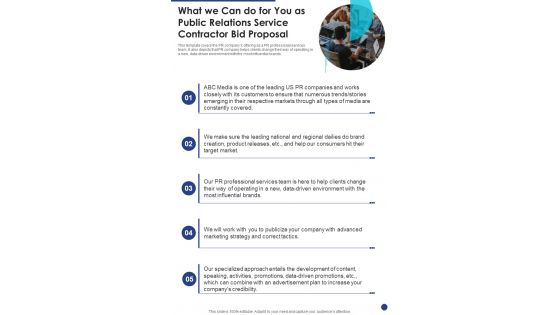 What We Can Do For You As Public Relations Service Contractor Bid One Pager Sample Example Document What We Can Do For You As Public Relations Service Contractor Bid One Pager Sample Example Document