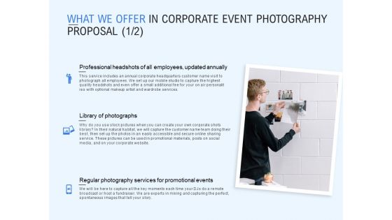 What We Offer In Corporate Event Photography Proposal Ppt PowerPoint Presentation Icon Samples