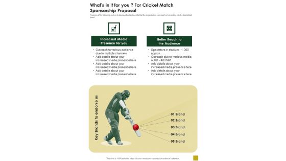 Whats In It For You For Cricket Match Sponsorship Proposal One Pager Sample Example Document