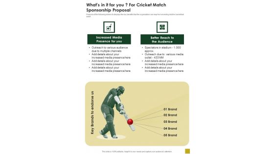 Whats In It For You For Cricket Match Sponsorship Proposal One Pager Sample Example Document Whats In It For You For Cricket Match Sponsorship Proposal One Pager Sample Example Document