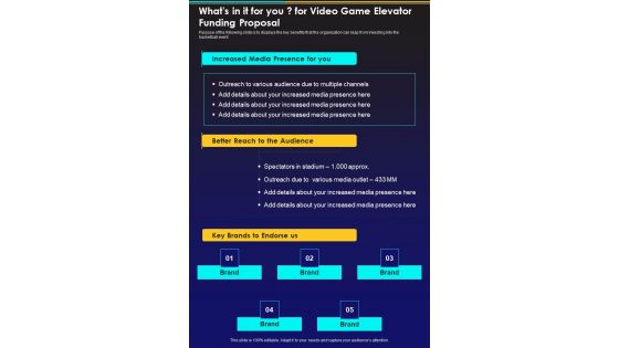 Whats In It For You For Video Game Elevator Funding Proposal One Pager Sample Example Document