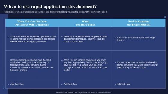 When To Use Rapid Application Development Integrating RAD Model To Simplify Slides PDF