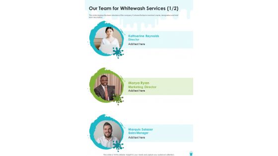 Whitewash Services Proposal Our Team For Whitewash Services One Pager Sample Example Document