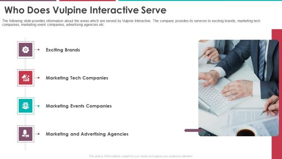 Who Does Vulpine Interactive Serve Pitch Deck Of Vulpine Interactive Fundraising Ppt Infographics Picture Pdf Who Does Vulpine Interactive Serve Pitch Deck Of Vulpine Interactive Fundraising Ppt Infographics Picture Pdf
