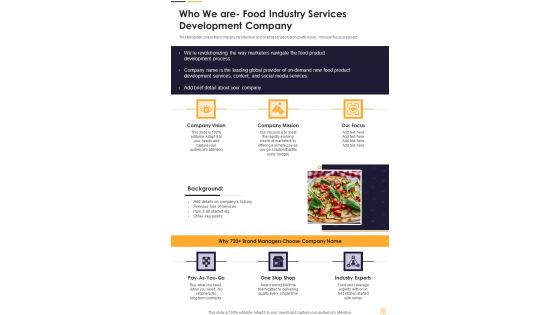 Who We Are- Food Industry Services Development Company One Pager Sample Example Document