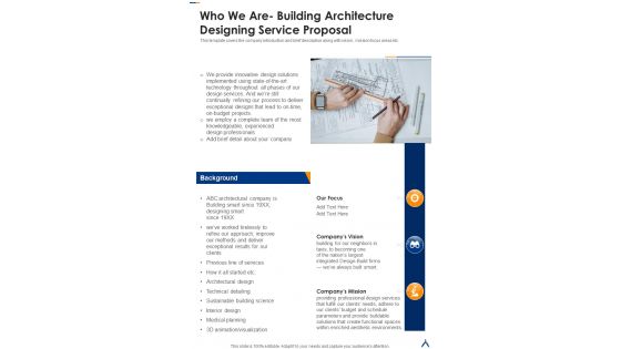 Who We Are Building Architecture Designing Service Proposal One Pager Sample Example Document