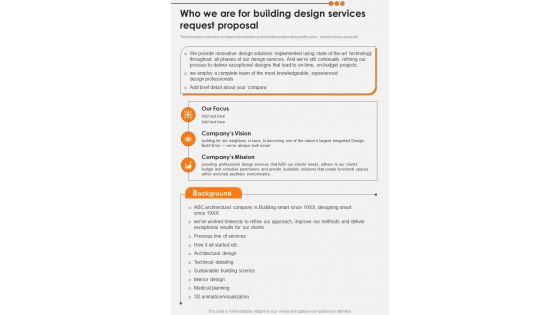 Who We Are For Building Design Services Request Proposal One Pager Sample Example Document Who We Are For Building Design Services Request Proposal One Pager Sample Example Document