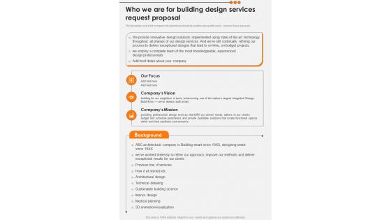 Who We Are For Building Design Services Request Proposal One Pager Sample Example Document