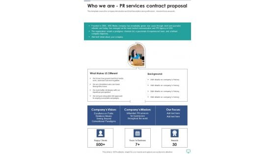 Who We Are Pr Services Contract Proposal One Pager Sample Example Document Who We Are Pr Services Contract Proposal One Pager Sample Example Document