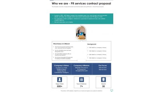 Who We Are Pr Services Contract Proposal One Pager Sample Example Document