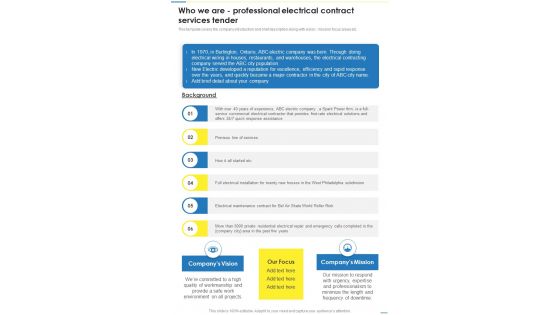 Who We Are Professional Electrical Contract Services Tender One Pager Sample Example Document