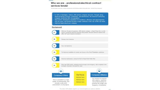 Who We Are Professional Electrical Contract Services Tender One Pager Sample Example Document Who We Are Professional Electrical Contract Services Tender One Pager Sample Example Document