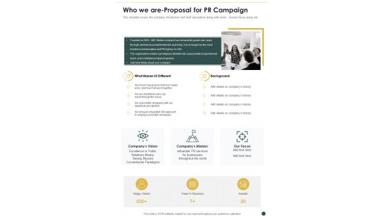 Who We Are Proposal For PR Campaign One Pager Sample Example Document Who We Are Proposal For PR Campaign One Pager Sample Example Document